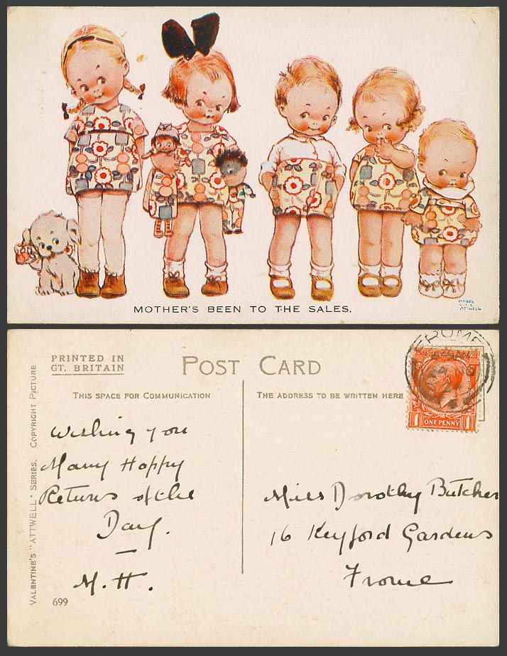 MABEL LUCIE ATTWELL 1924 Old Postcard Mother's Been To The Sales, Dog Puppy 699.