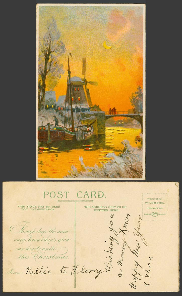 HOLD TO THE LIGHT HTL Windmill Boat New Moon Bridge River Christmas Old Postcard