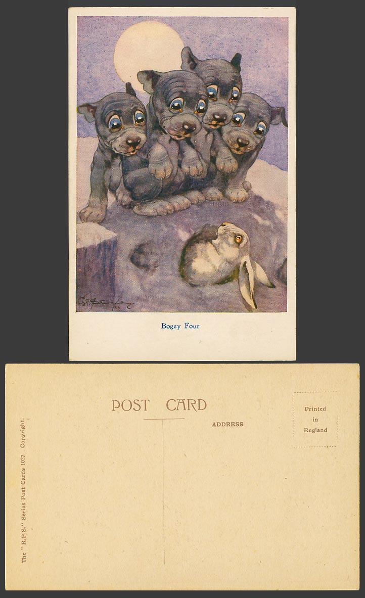 BONZO DOG G E Studdy Old Postcard BOGEY FOUR Puppies Rabbit Night Full Moon 1027