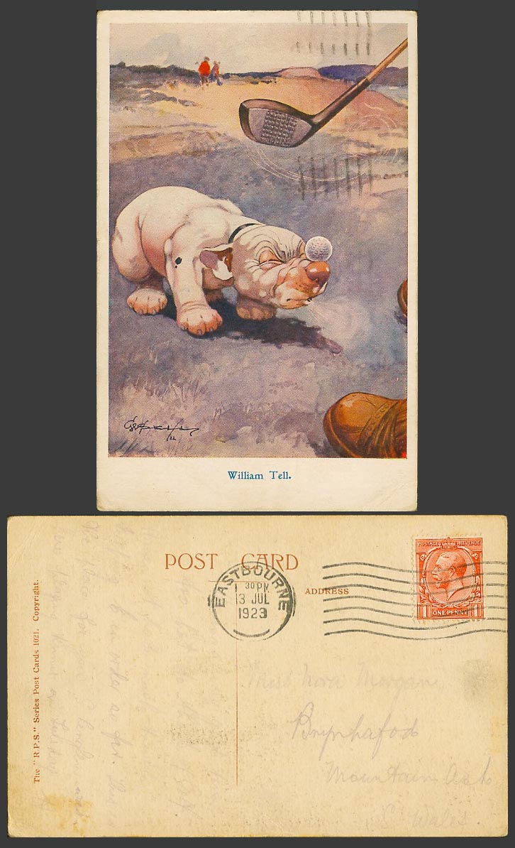BONZO DOG GE Studdy 1923 Old Postcard William Tell GOLF BALL & Club Golfing 1021
