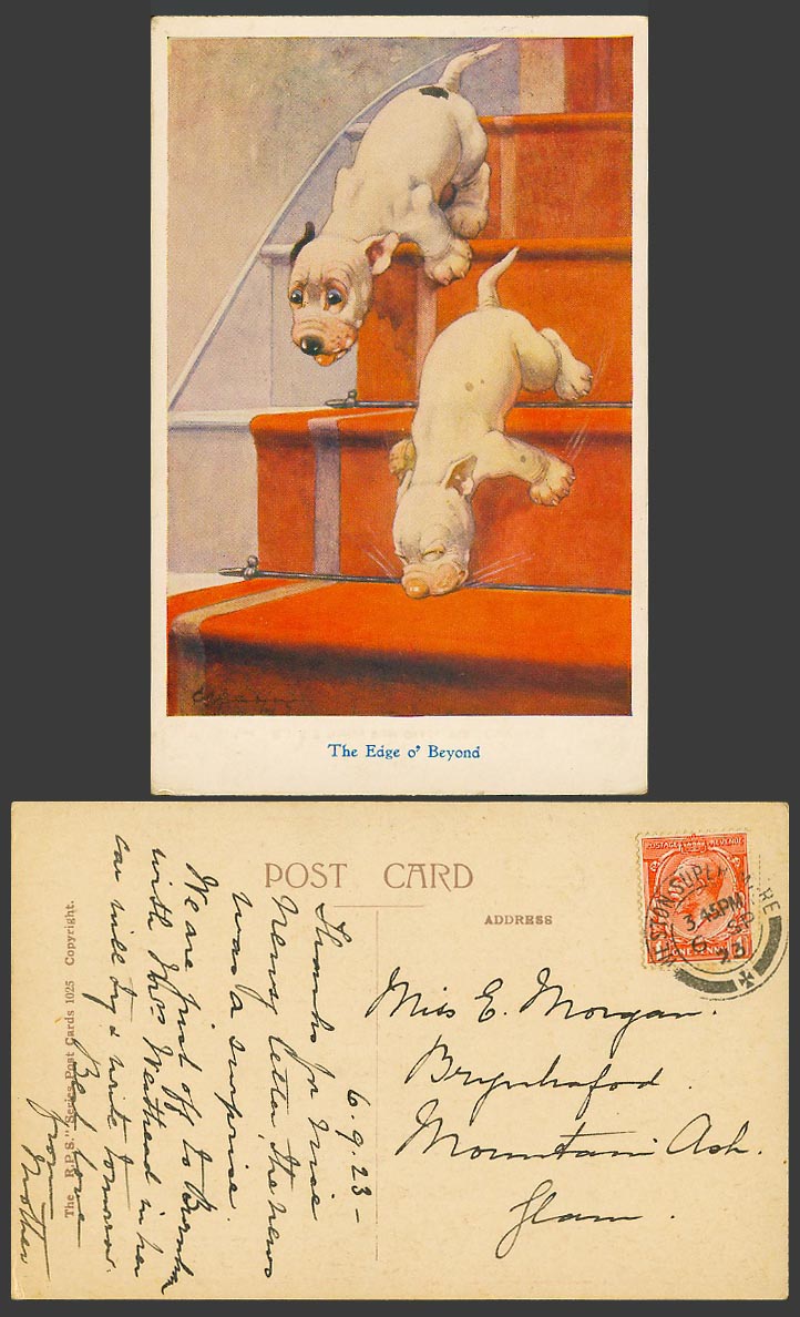 BONZO DOG GE Studdy 1923 Old Postcard THE EDGE o BEYOND Running Down Stairs 1025
