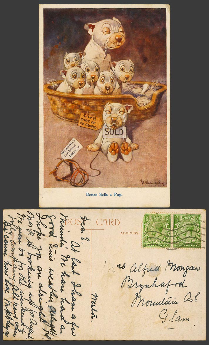 BONZO DOG GE Studdy KG5 1/2d Old Postcard Bonzo Sells a Pup 1 Puppy Sold No.1040
