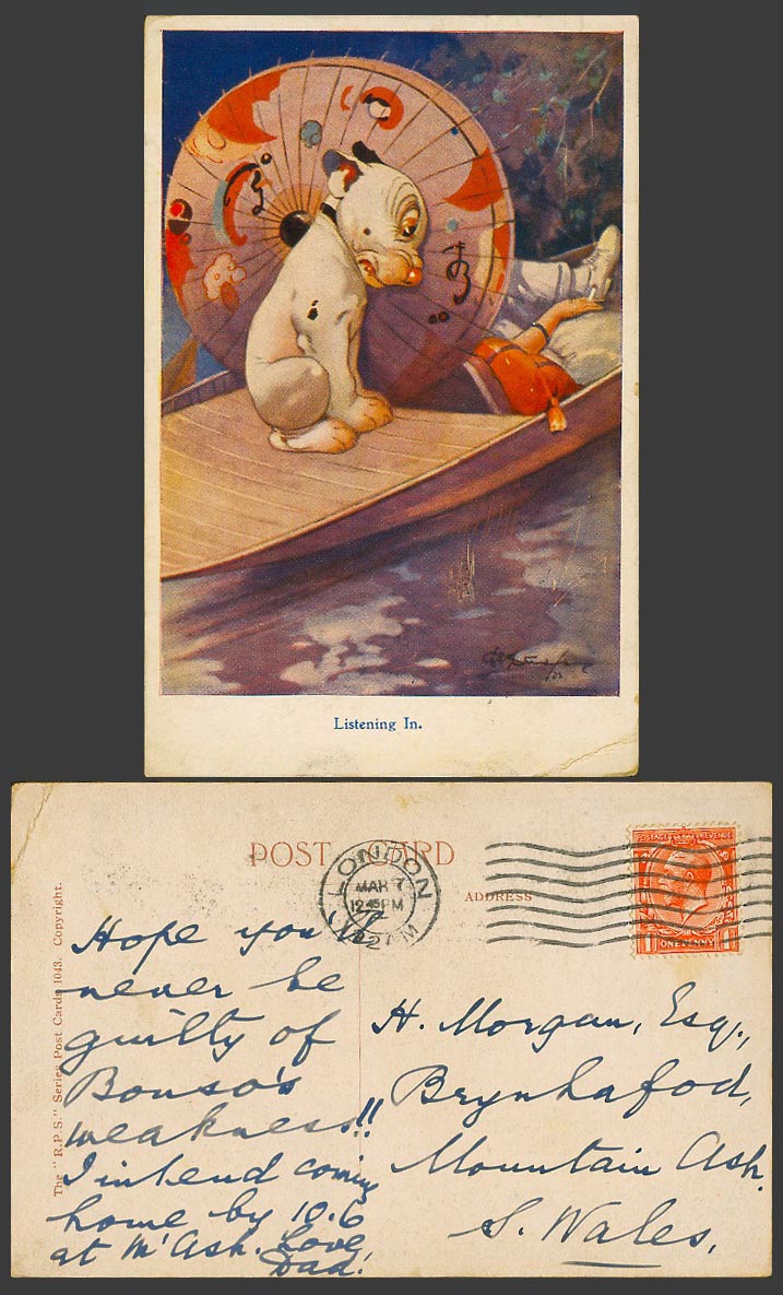 BONZO DOG GE Studdy 1924 Old Postcard Listening In Japanese Umbrella & Boat 1043