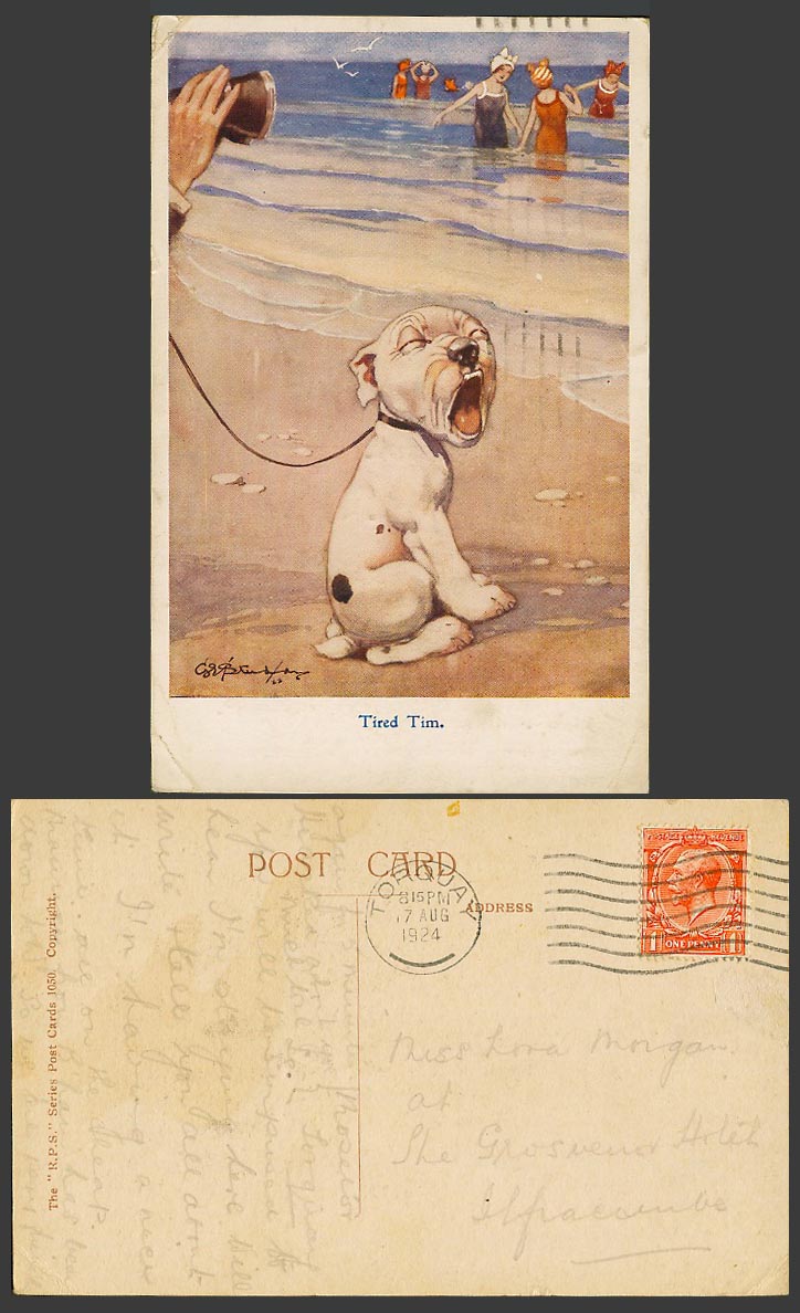 BONZO DOG GE Studdy 1924 Old Postcard Tired Tim Puppy Yawning Beach Bathers 1050