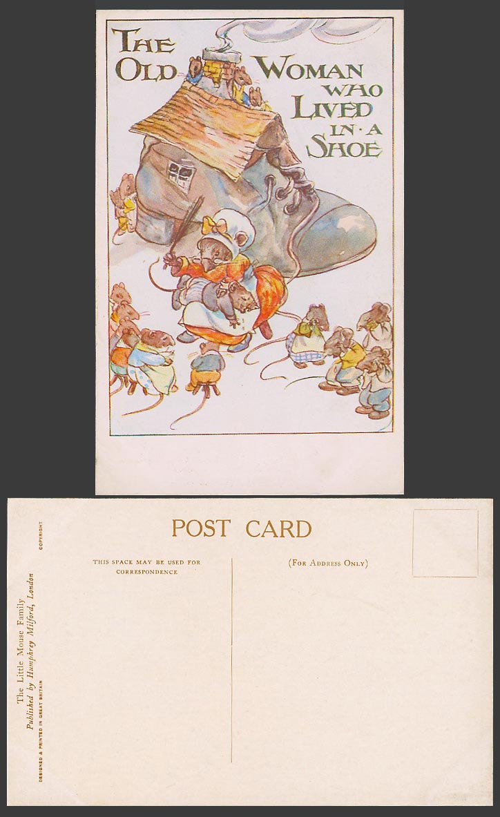 LA Govey Artist Signed Old Postcard The Little Mouse Family, Woman Lived in Shoe