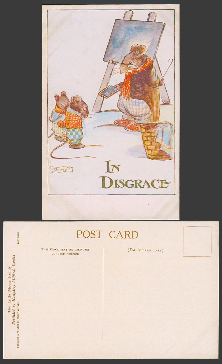 LA Govey Artist Signed Old Postcard The Little Mouse Family, In Disgrace, Easel