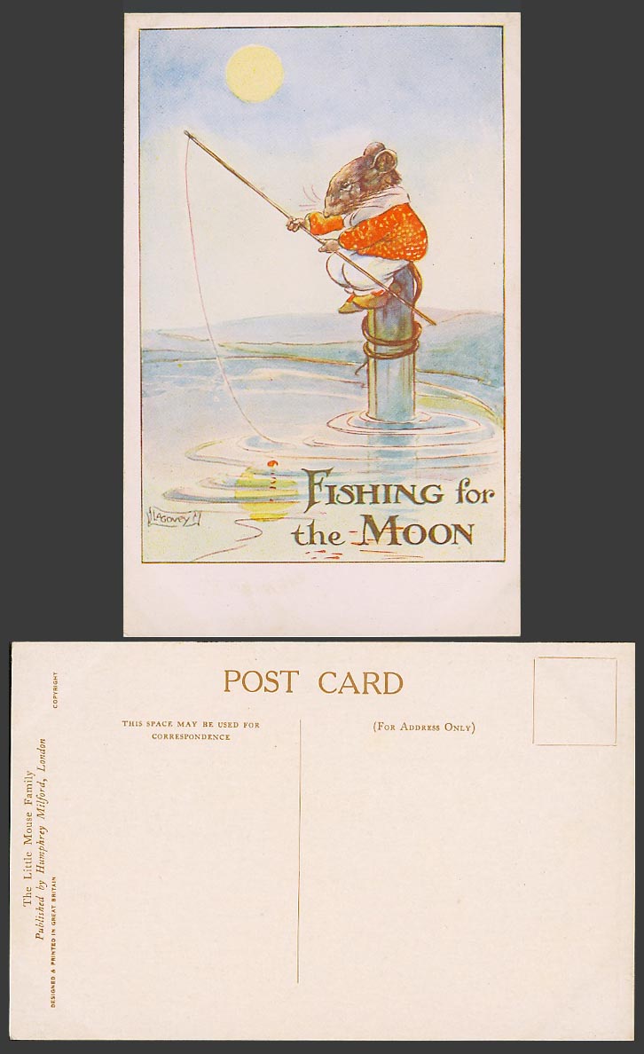 LA Govey Artist Signed Old Postcard The Little Mouse Family Fishing For The Moon