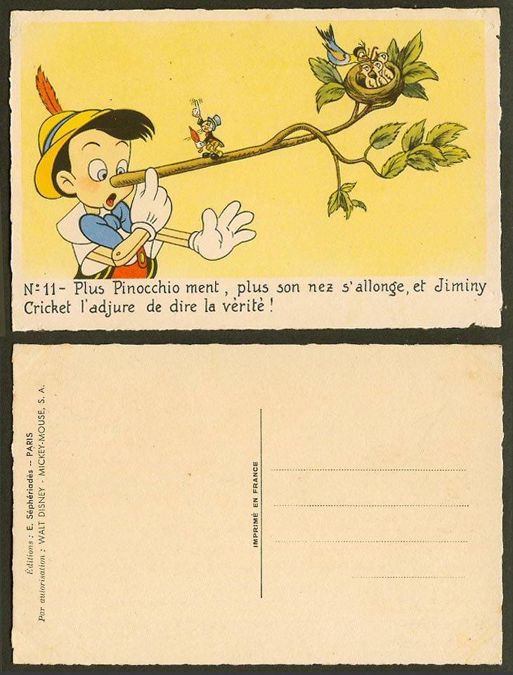 Walt Disney Pinocchio Wooden Puppet Geppetto Jiminy Cricket Birds Old Postcard
