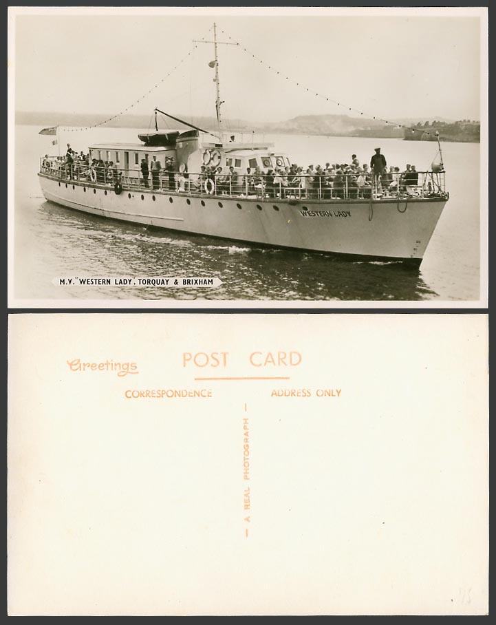Torquay & Brixham M.V. Western Lady Motor Vessel, Ferry Old Real Photo Postcard