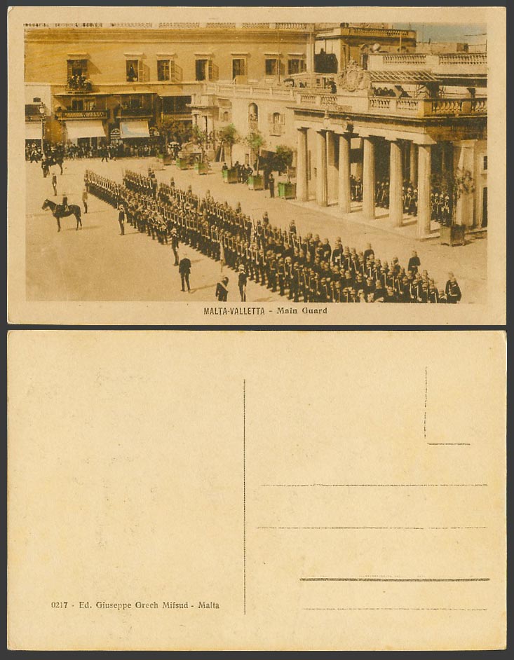 Malta Maltese Old Hand Tinted Postcard Valletta, Main Guard Square, Horse Rider