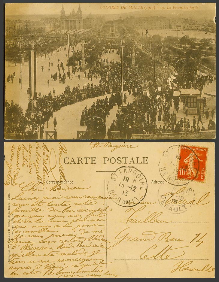 Malta 10c Sower 1913 Old Postcard Congress The Final Procession Congres de Malte