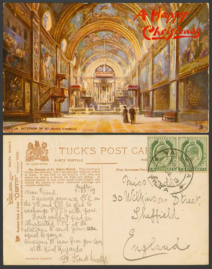 Malta KE7 1/2d x2 1909 Old Tuck's Oilette Postcard Interior of St. John's Church