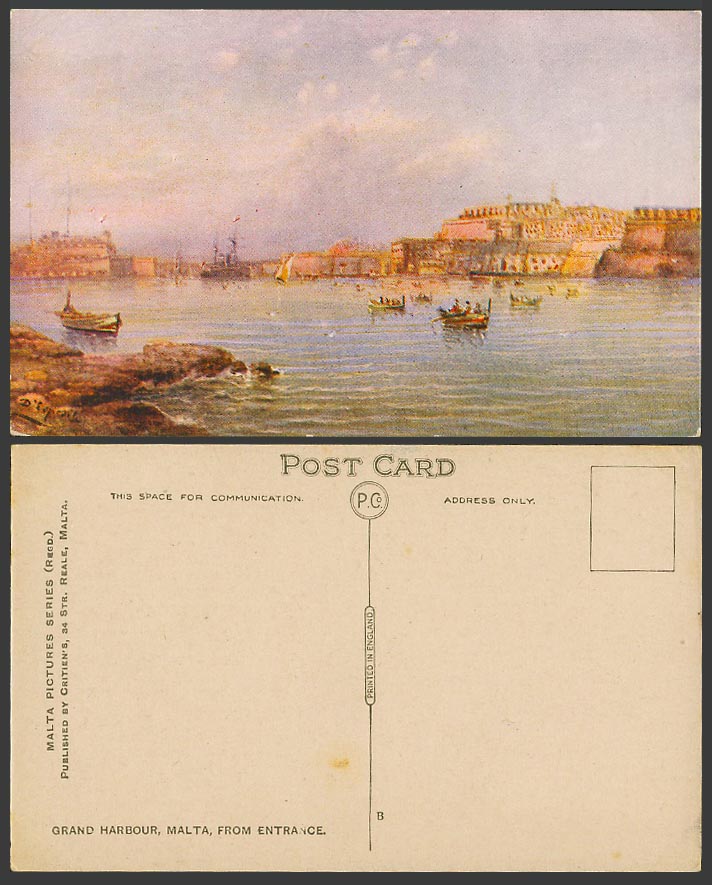 Malta Artist Signed Old Postcard Valletta Grand Harbour from Entrance DGHAISA