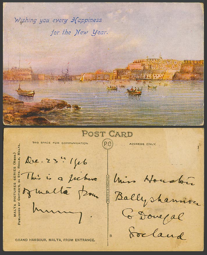 Malta Artist Signed 1916 Old Postcard Valletta Grand Harbour from Entrance Boats