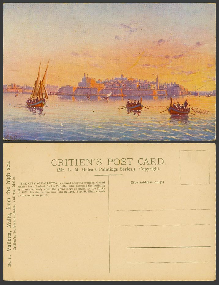 Malta L.M Galea Artist Signed Old Postcard Valletta from High Sea, Fort St. Elmo