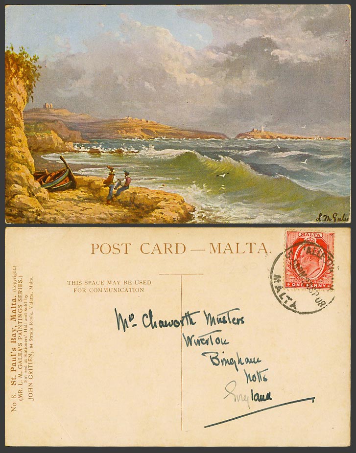 Malta L.M Galea Artist Signed 1923 Old Postcard St. Paul's Bay Rough Sea DGHAISA