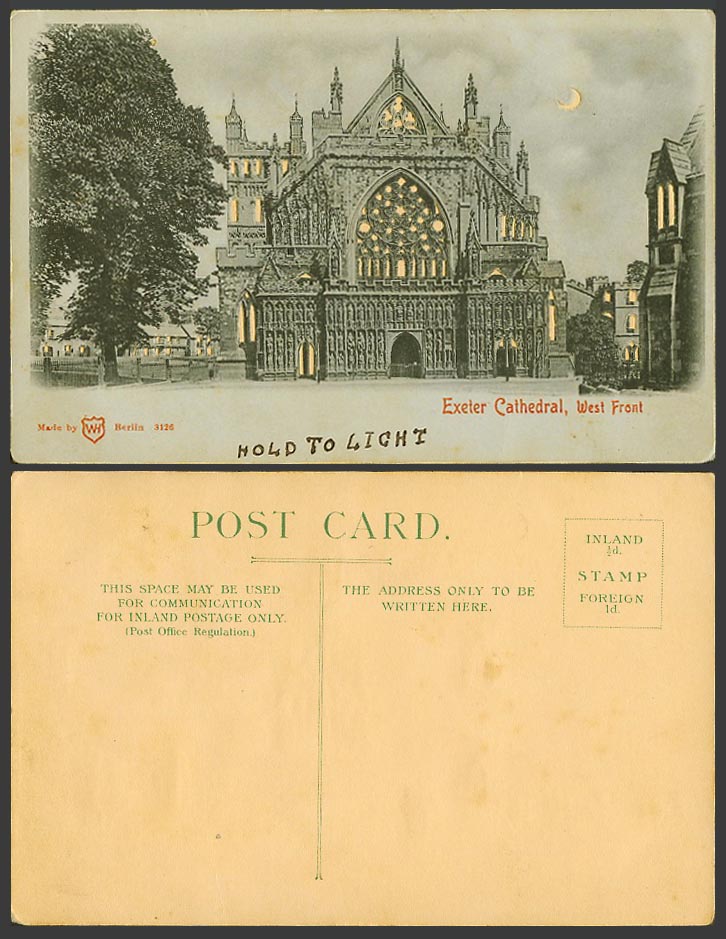 HOLD TO THE LIGHT HTL, Exeter Cathedral West Front, New Moon, Devon Old Postcard