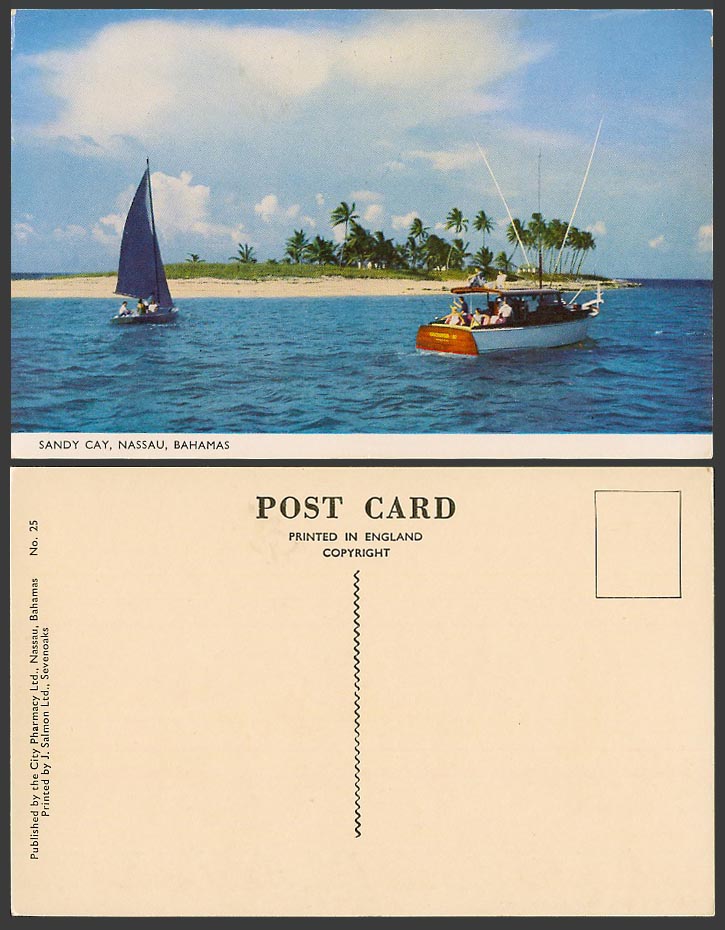 Bahamas Nassau Sandy Cay Sailing Boat Yacht Ferry Palm Trees Old Colour Postcard