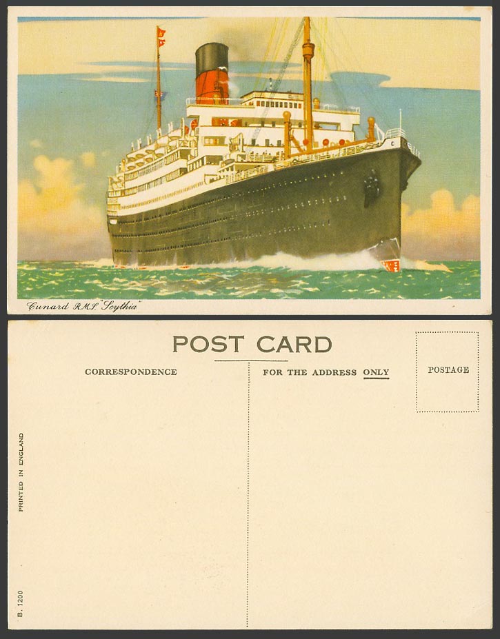 Cunard R.M.S. SCYTHIA, Royal Mail Steamer Steam Ship, Artist Drawn Old Postcard