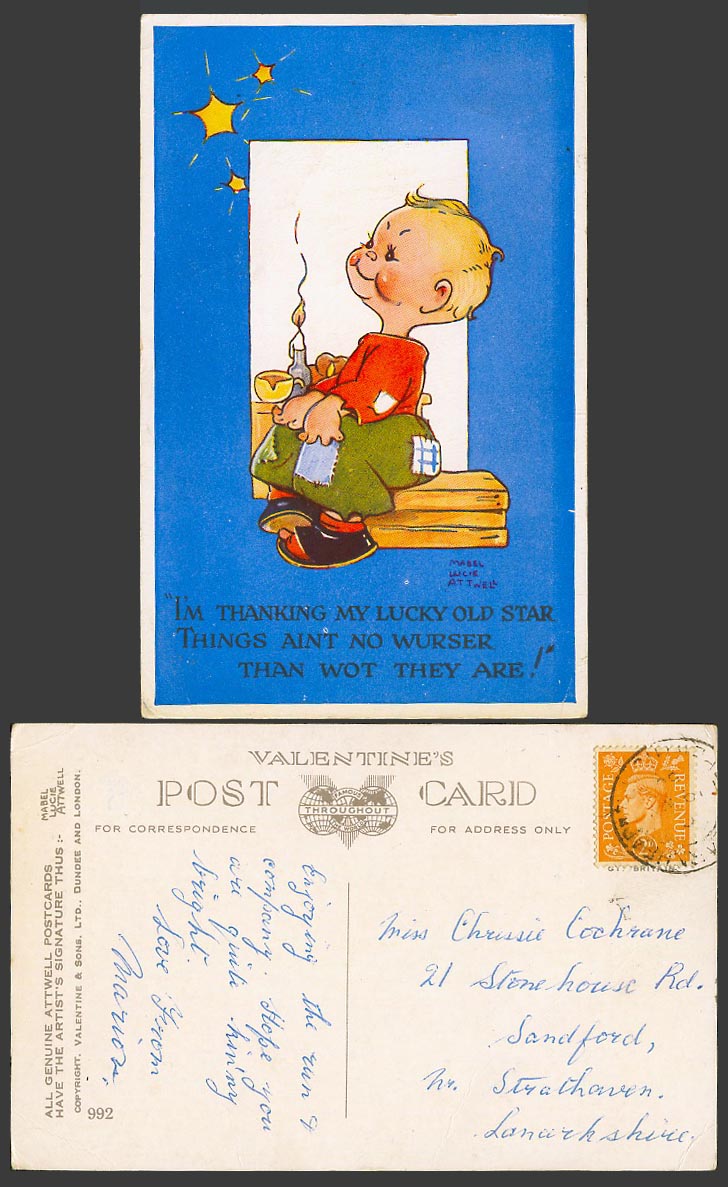 MABEL LUCIE ATTWELL Old Postcard I'm Thanking My Lucky Old Star Stars Candle 992