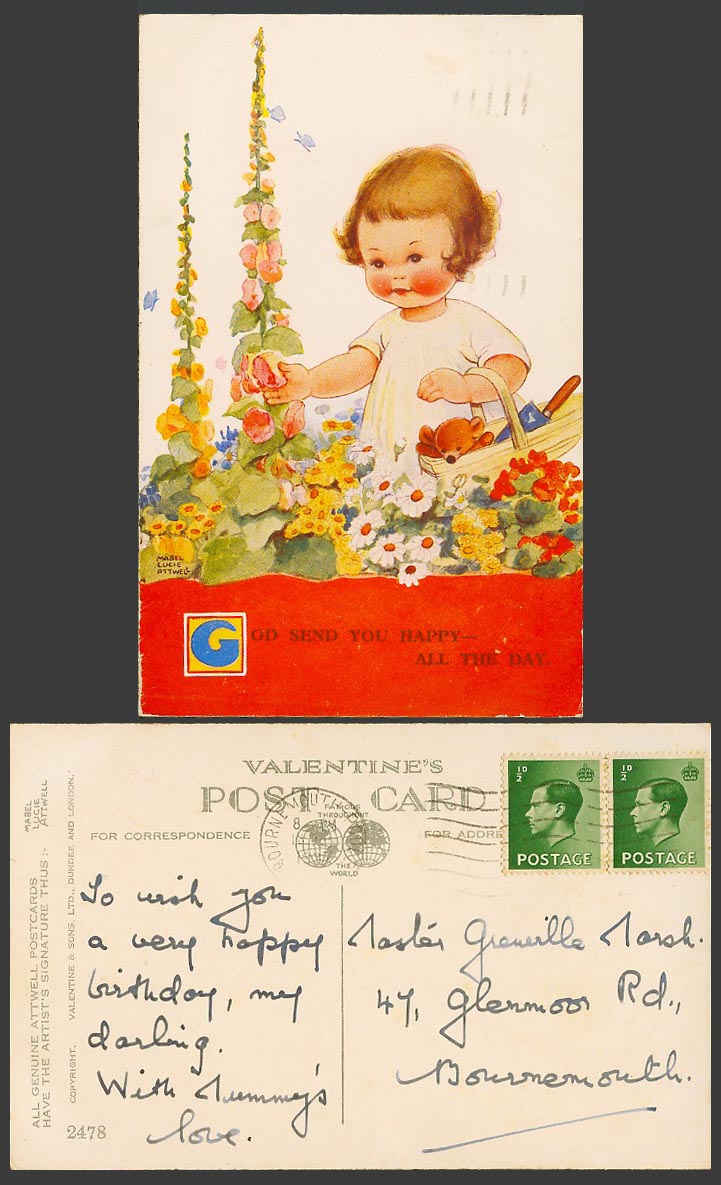MABEL LUCIE ATTWELL 1937 Old Postcard God Send You Happy All Day Teddy Bear 2478
