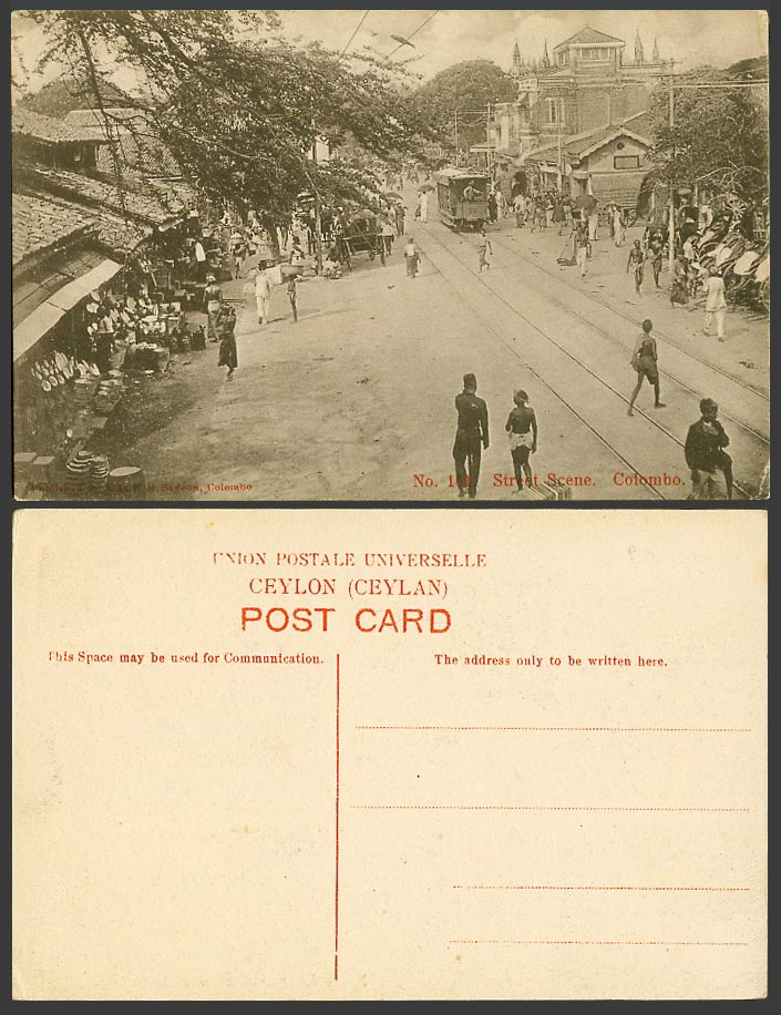Ceylon Old Postcard Colombo Native Street Scene TRAM No. 35 Tramway Tramlines