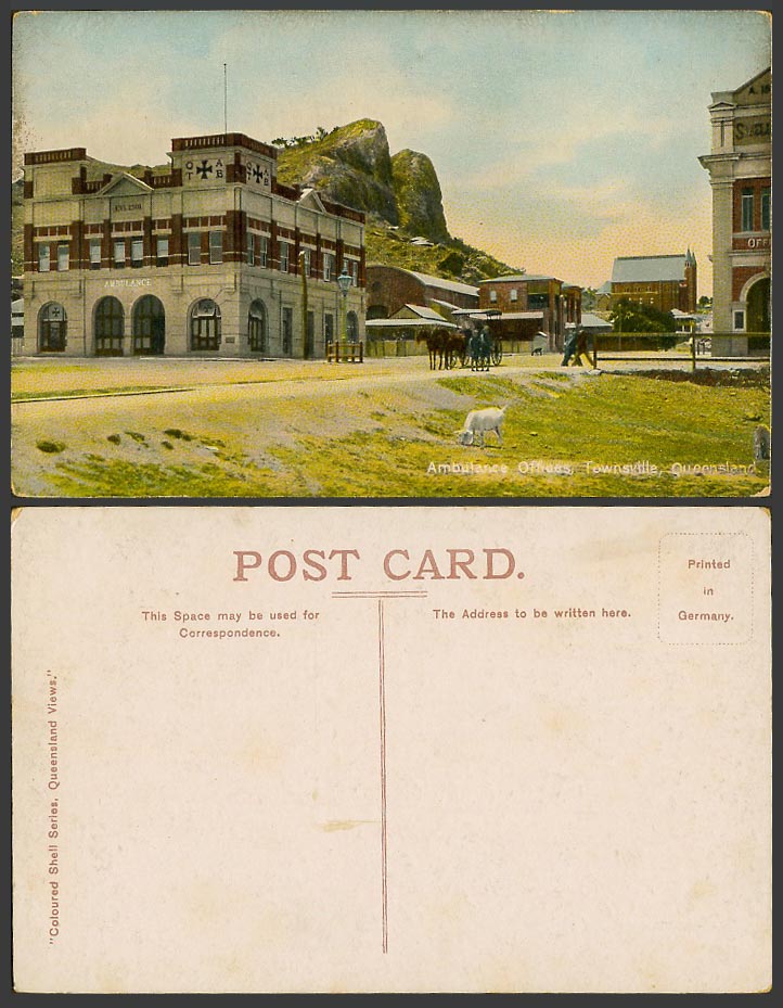 Australia Old Colour Postcard Ambulance Offices Townsville Queensland Goat Horse