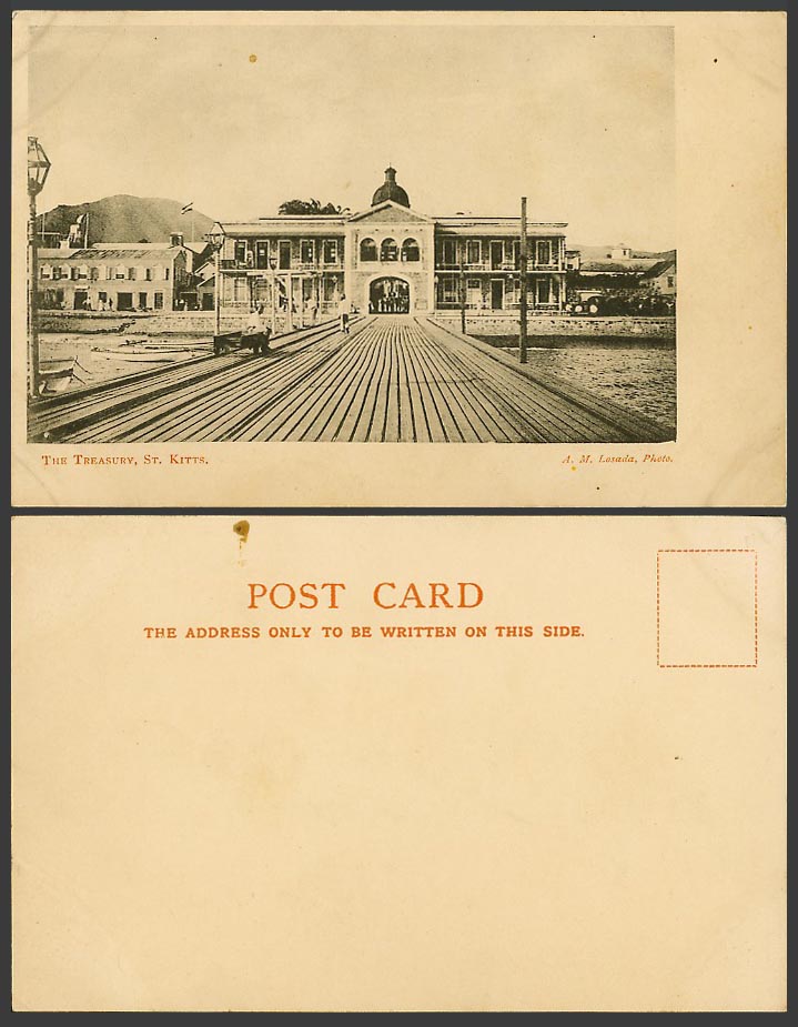 St. Kitts Old UB Postcard The Treasury, Entrance Gate, Pier Jetty, Boats Harbour