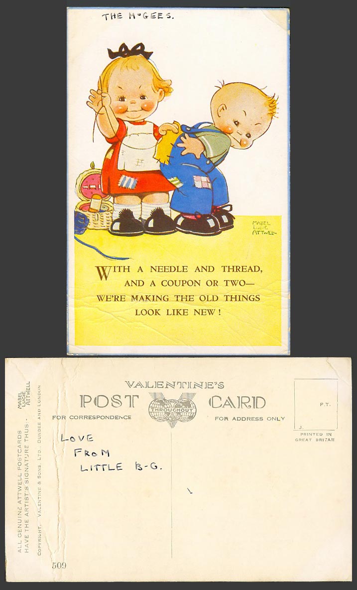 MABEL LUCIE ATTWELL Old Postcard Little Girl Stitching Sewing Boy's Overall 509