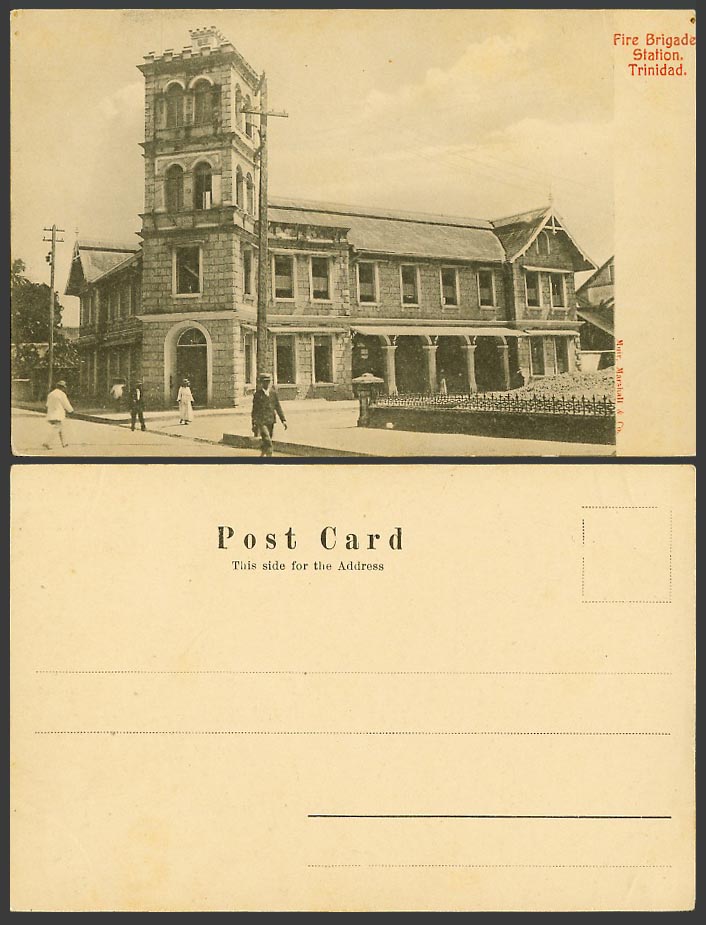 Trinidad Old UB Postcard Fire Brigade Station, Port of Spain Street Scene B.W.I.