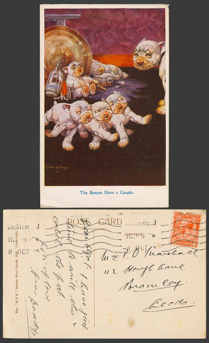 BONZO Dog G.E. Studdy 1924 Old Postcard The Bonzos Have a Couple Puppies No.1038