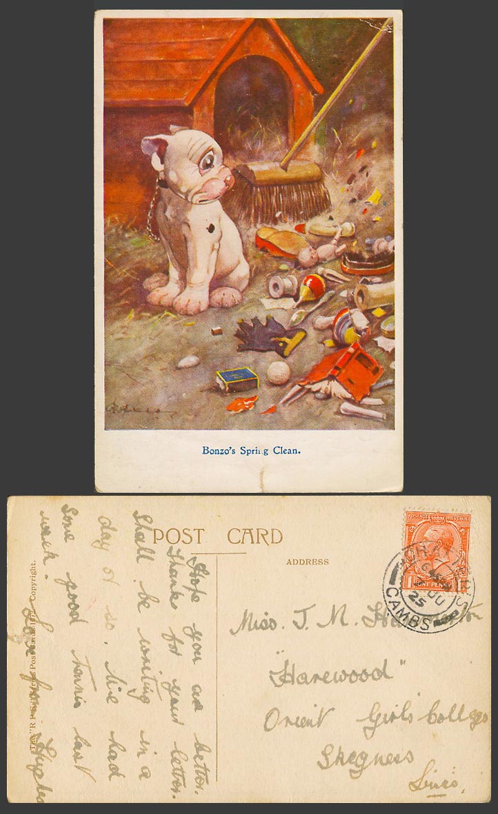 BONZO DOG GE Studdy 1925 Old Postcard Bonzo's Spring Clean Dog House & Mess 1072