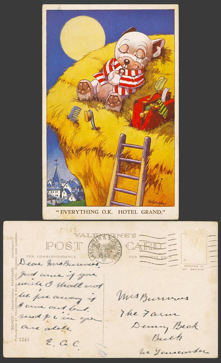 BONZO DOG GE Studdy 1949 Old Postcard Everything OK Hotel Grand Moon Ladder 1241