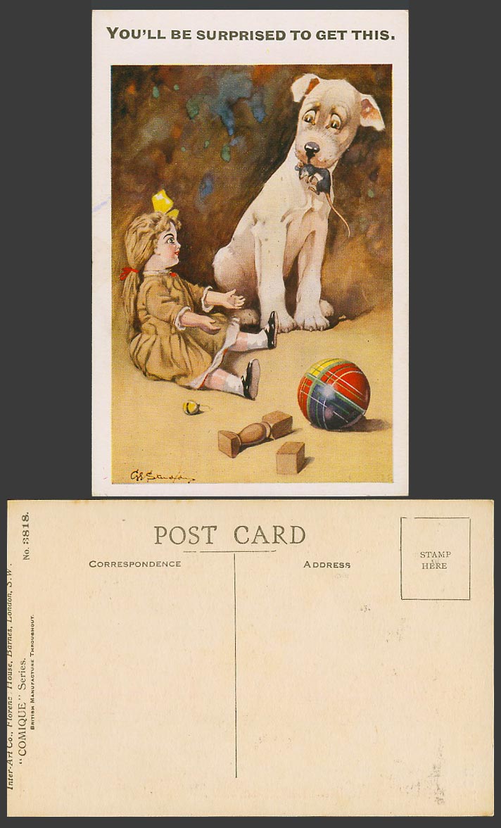 BONZO DOG GE Studdy Old Postcard You'll Be Surprised to Get This Mouse Doll 3818