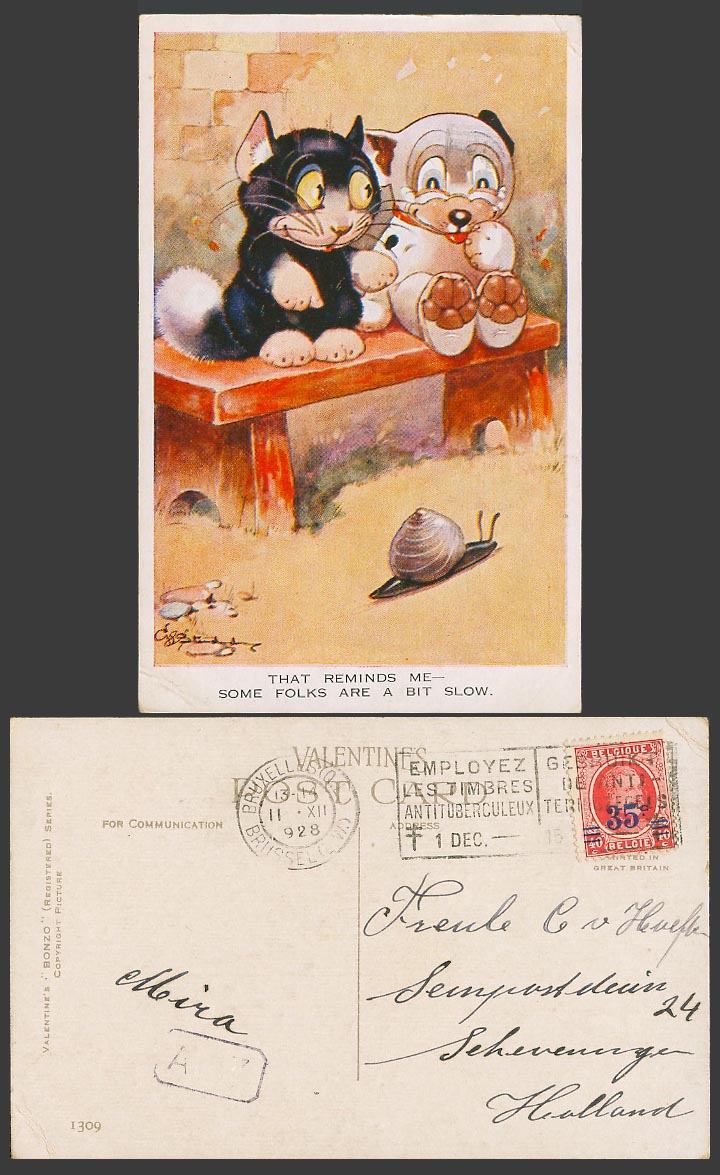 BONZO DOG GE Studdy 1928 Old Postcard Cat, Snail Remind Some Folks Are Slow 1309