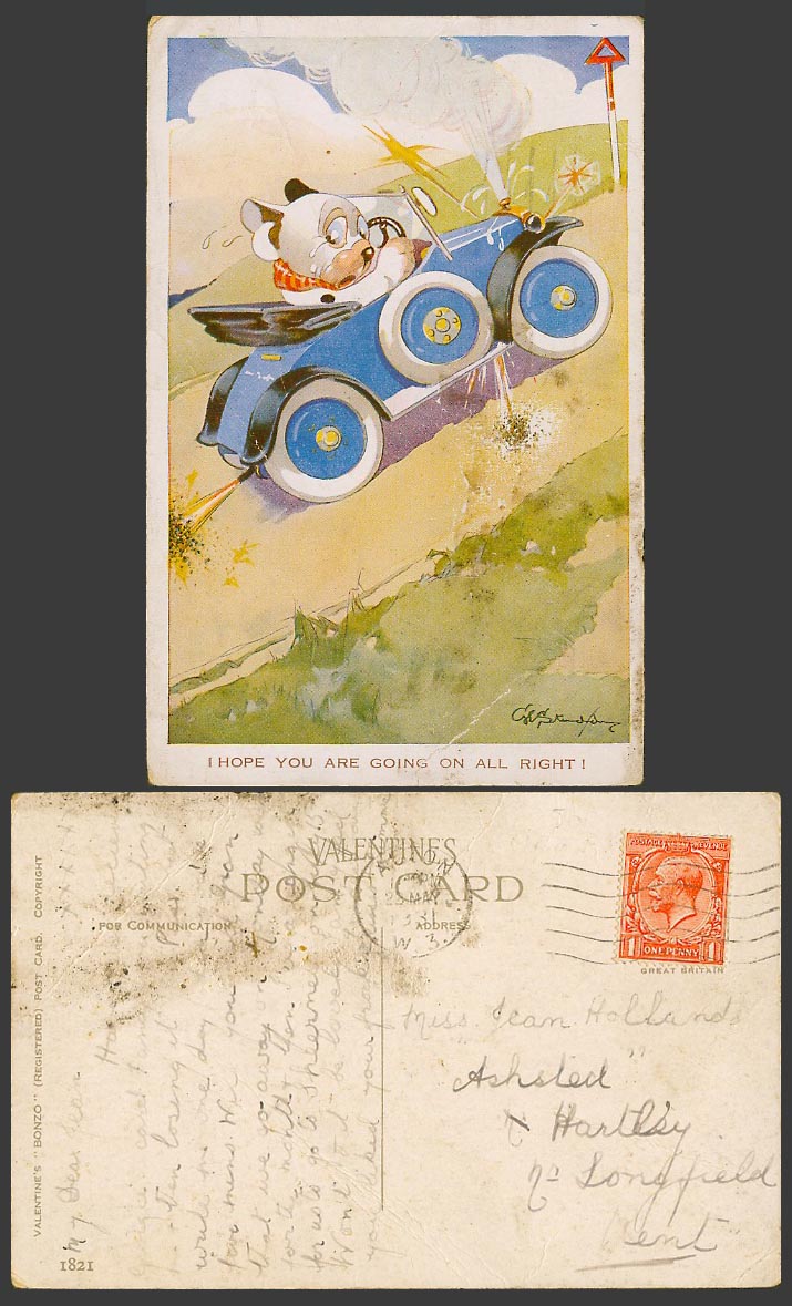 BONZO DOG GE Studdy 1931 Old Postcard Hope You Going On All Right Motor Car 1821