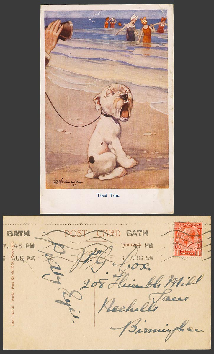 BONZO DOG GE Studdy 1925 Old Postcard Tired Tim Puppy Yawning Beach Bathers 1050