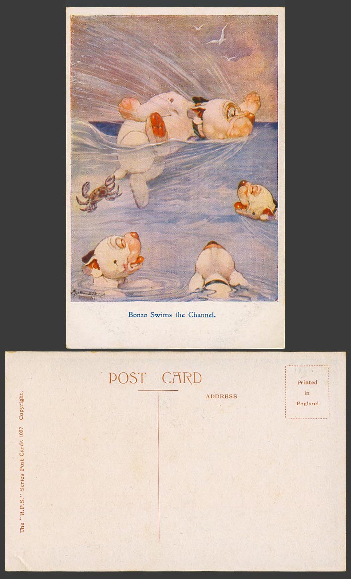 BONZO DOG GE Studdy c1920 Old Postcard Bonzo Swims The Channel Crab Puppies 1037
