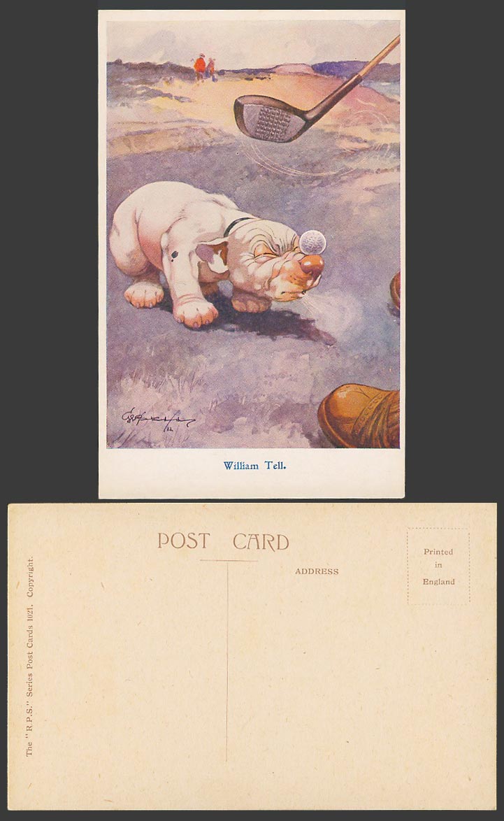 BONZO DOG G.E. Studdy Old Postcard William Tell GOLF BALL Golfer Golfing No.1021