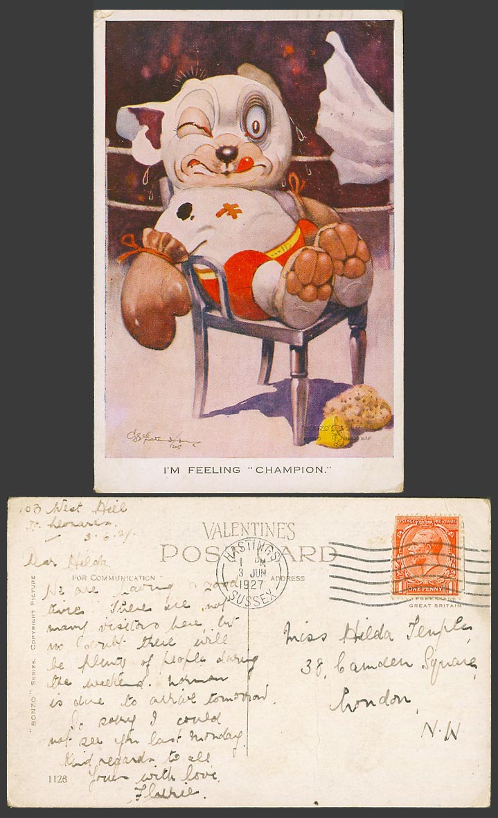 BONZO DOG GE Studdy 1927 Old Postcard Boxer BOXING, I'm Feeling Champion No.1128