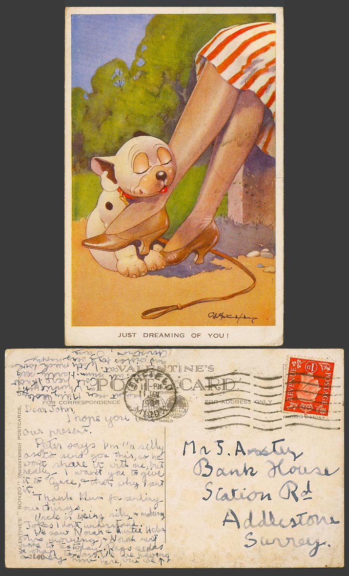BONZO DOG GE Studdy 1938 Old Postcard Just Dreaming of You! Feet of a Woman 2146