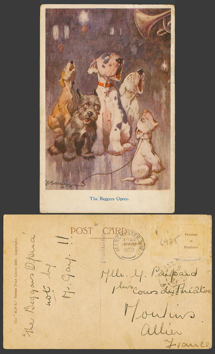BONZO DOG GE Studdy 1923 Old Postcard Beggars Opera Dogs Puppies Trumpet No.1003