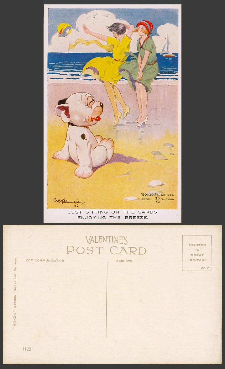 BONZO DOG G.E. Studdy Old Postcard Puppy Sitting On The Sands, Enjoy Breeze 1122