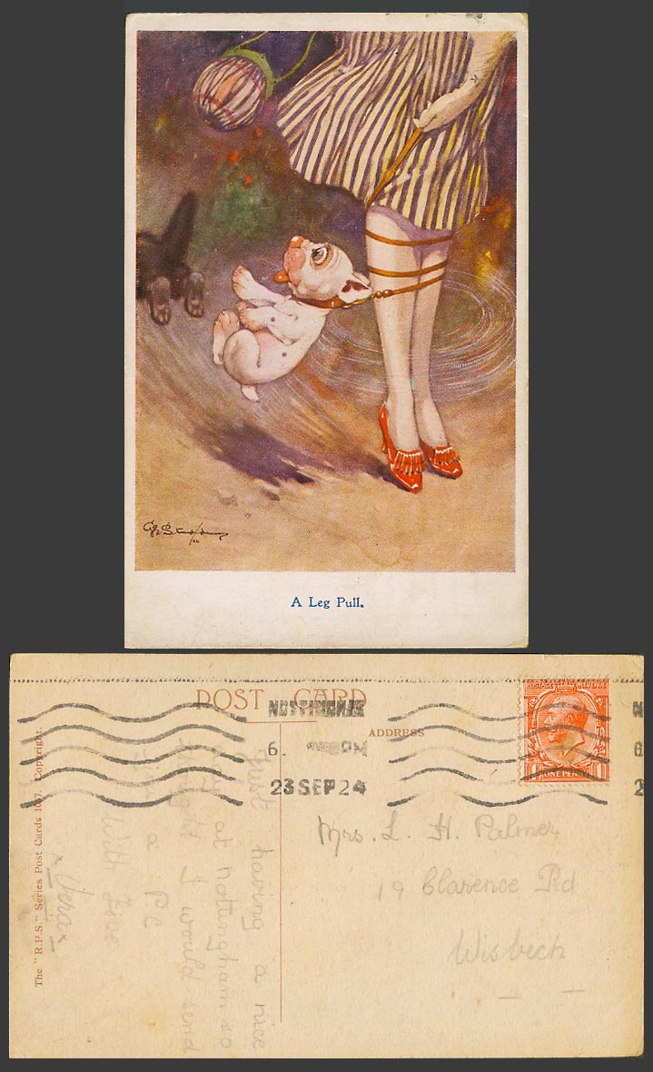 BONZO DOG GE Studdy 1924 Old Postcard A Leg Pull Puppy Red High Heels Shoes 1057