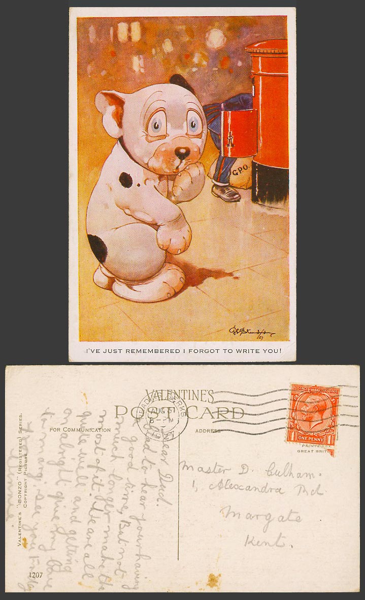 BONZO DOG GE Studdy 1927 Old Postcard Puppy Forgot to Write You GPO Postman 1207