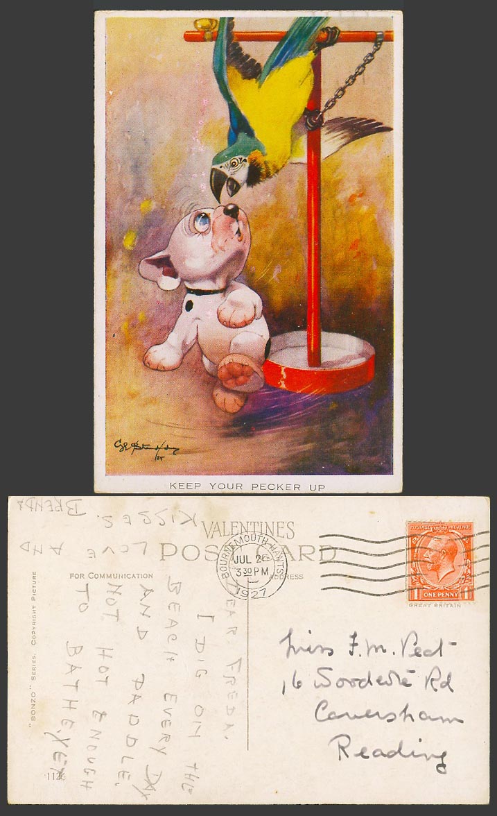 BONZO DOG G.E. Studdy 1927 Old Postcard Keep Your Pecker Up Parrot Parakeet 1126