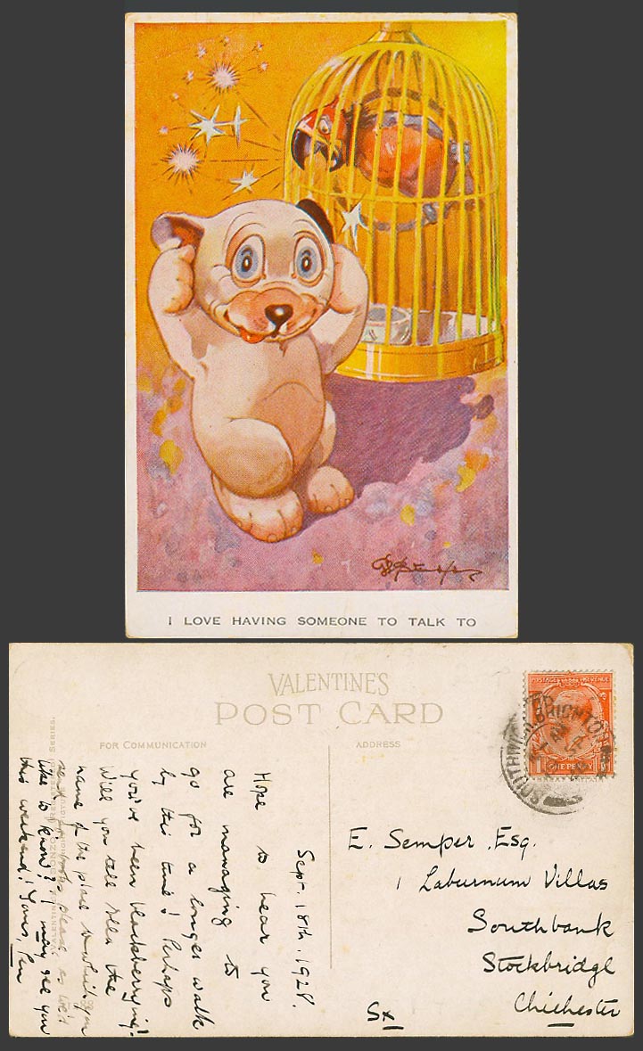 BONZO DOG GE Studdy 1928 Old Postcard Bird I Love Having Someone To Talk To 1288