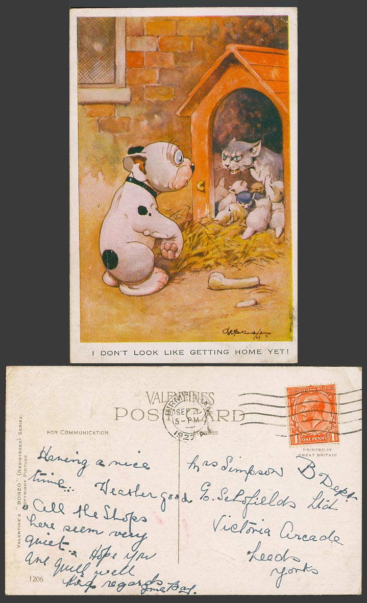 BONZO DOG GE Studdy 1927 Old Postcard Don't Look Like Getting Home Yet Cats 1206