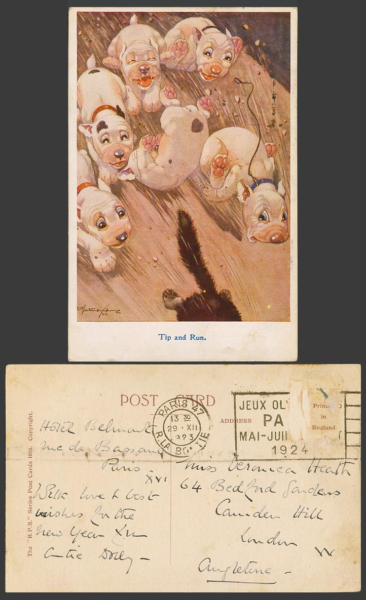 BONZO DOG GE Studdy 1923 Old Postcard TIP and RUN after Black Cat Kitten No.1024