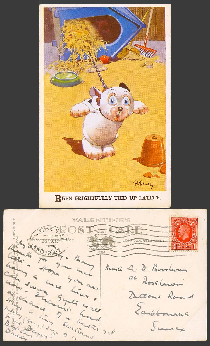 BONZO DOG GE Studdy 1936 Old Postcard Puppy Been Frightfully Tied Up Lately 3031
